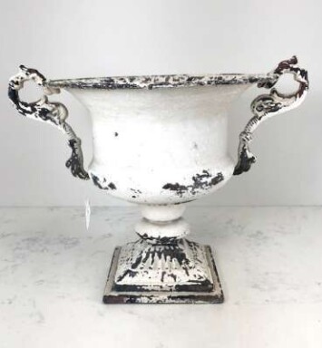Weathered White Metal Urn with Handles