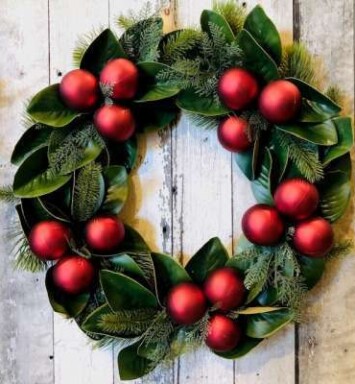 Magnolia Leaf Wreath with Ornaments